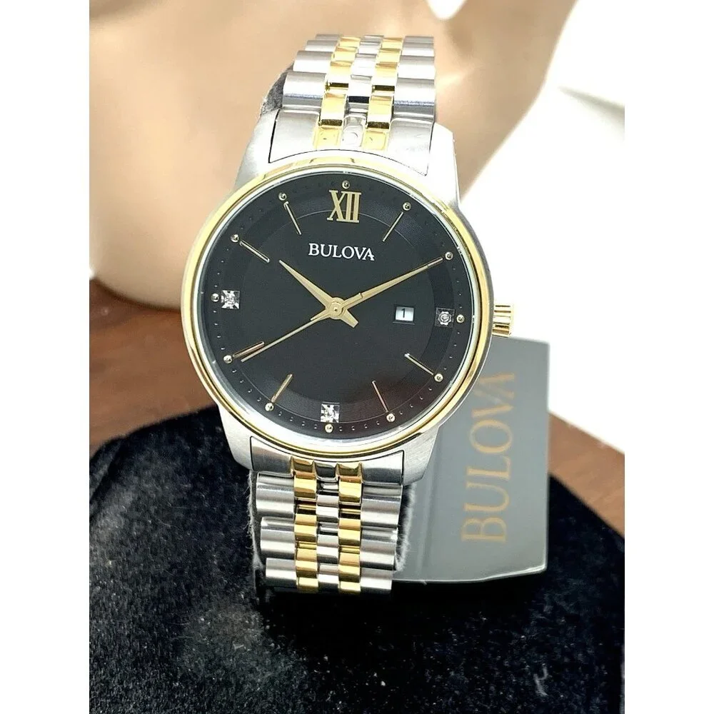 Bulova Women's Watch 98P198 Black Dial Diamond Quartz Two Tone Stainless Steel